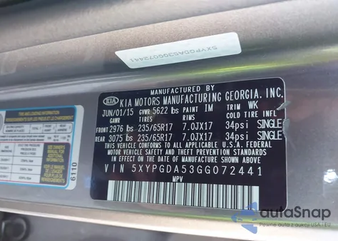 2016 Kia Sorento 3.3L Lx z USA, uszkodzony, nr VIN 5XYPGDA53GG072441